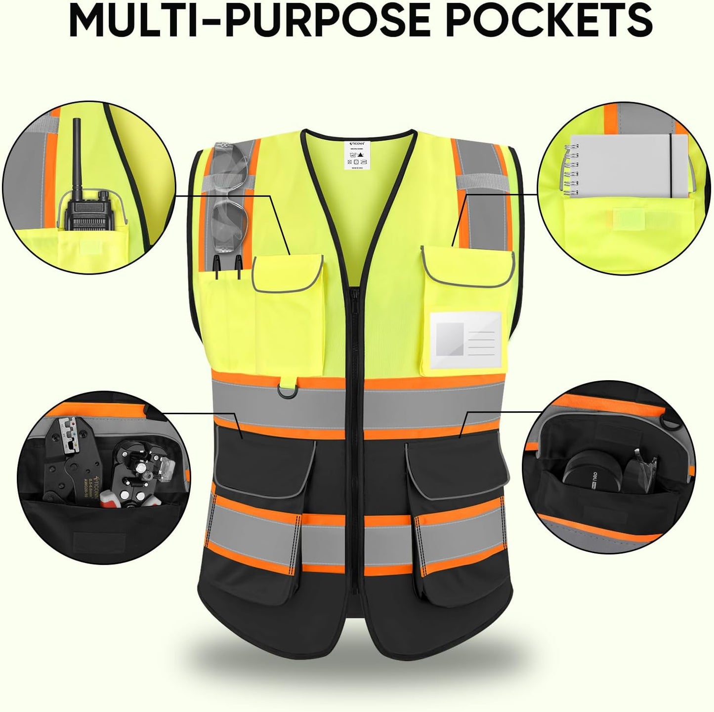 TICONN Reflective Safety Vest High Visibility Class II Mesh Vest for Women & Men Meets ANSI Standards