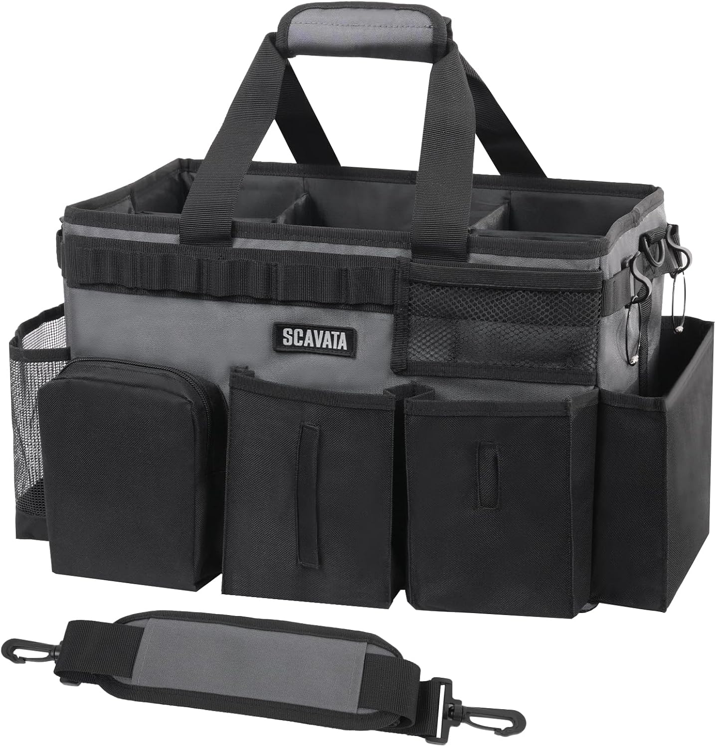 SCAVATA Wearable Cleaning Caddy Bag, Supplies Organizer with Handle & Shoulder Straps for Housekeepers, Under Sink & Car Cleaning Tool Organizer with 4 Foldable Dividers (Black)