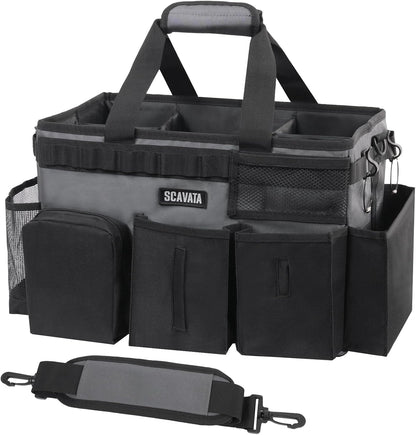 SCAVATA Wearable Cleaning Caddy Bag, Supplies Organizer with Handle & Shoulder Straps for Housekeepers, Under Sink & Car Cleaning Tool Organizer with 4 Foldable Dividers (Black)