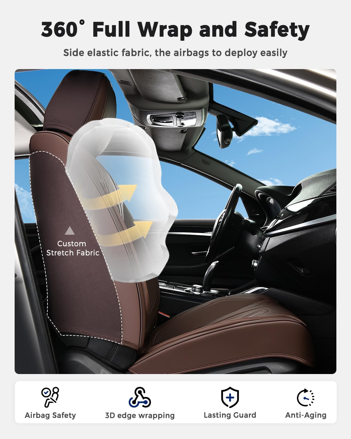 Huidasource Coffee Seat Covers Full Set, Universal Fit for Most Cars Trucks SUV, Full Coverage Leather Seat Cover, Airbag, Cupholder Compatible, Velcro Adjustable, Heaating/Cooling Function Retain