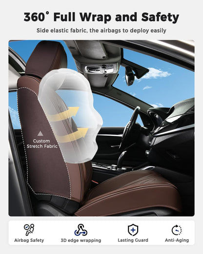 Huidasource Coffee Seat Covers Full Set, Universal Fit for Most Cars Trucks SUV, Full Coverage Leather Seat Cover, Airbag, Cupholder Compatible, Velcro Adjustable, Heaating/Cooling Function Retain