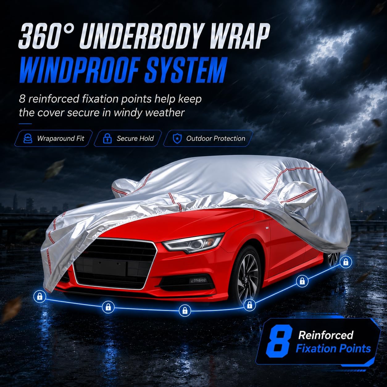 Car Cover for Sedan, Waterproof All Weather Heavy Duty, 360° Underbody Wrap Windproof Design, Quick Install Outdoor Vehicle Cover, Fits 186-193 in