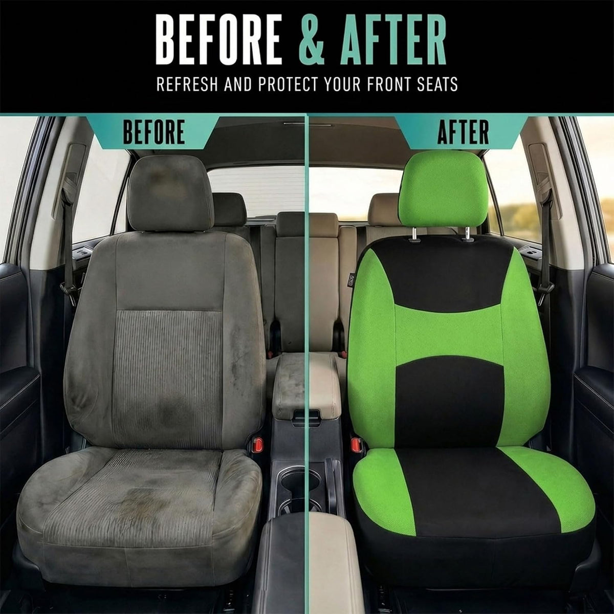 FH Group Full Set Cloth Car Seat Covers, Universal Fit Front and Split Bench Rear, Airbag Compatible, Washable for SUV, Sedan, Van - Black