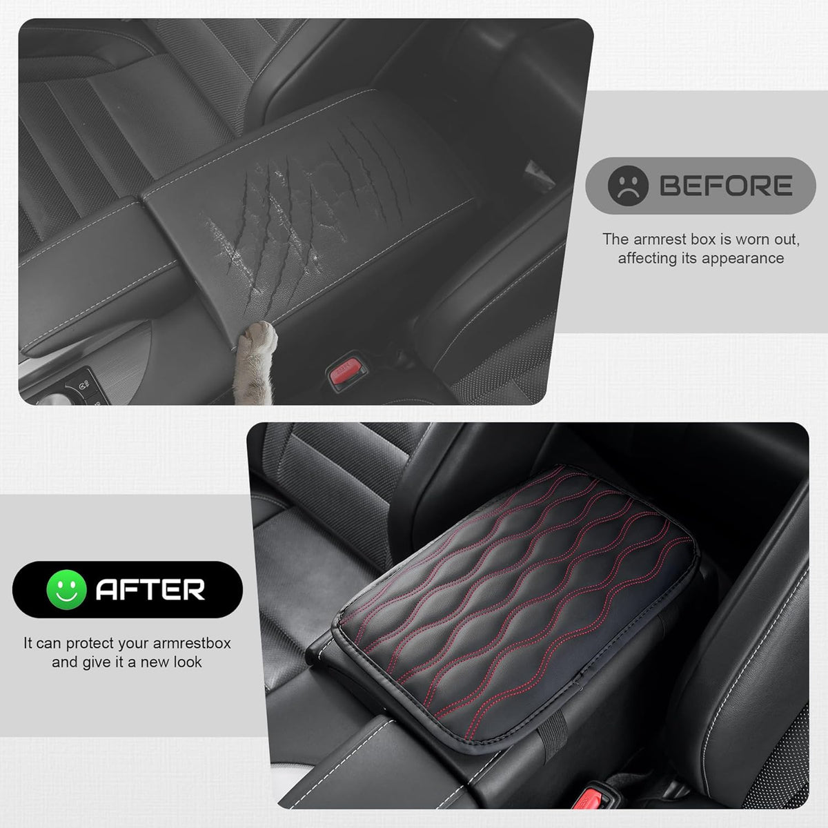 Amiss Car Center Console Cover, Upgraded Leather Car Armrest Cushion with 2 Storage Pockets, Universal Waterproof Cushion Pad, Non-Slip Car Interior Accessories, Fits Most Sedans SUVs Trucks (Black)