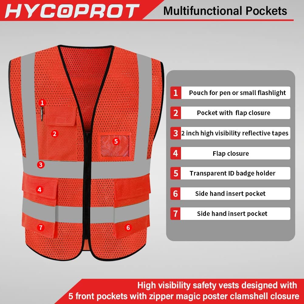 HYCOPROT High Visibility Mesh Safety Reflective Vest with Pockets and Zipper, Meets ANSI/ISEA Standards