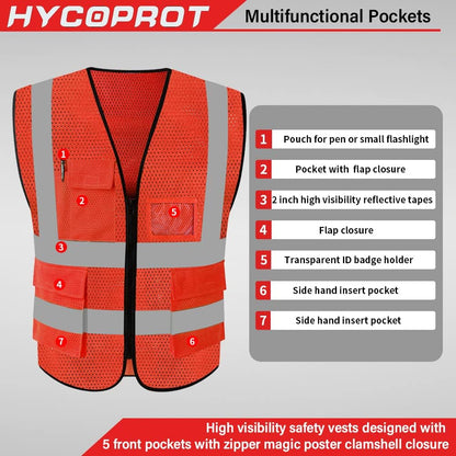 HYCOPROT High Visibility Mesh Safety Reflective Vest with Pockets and Zipper, Meets ANSI/ISEA Standards