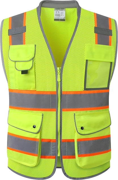 JKSafety 9 Pockets Class 2 High Visibility Zipper Front Safety Vest With Reflective Strips,Meets ANSI/ISEA Standard (Large, 150-Yellow) - Colors A