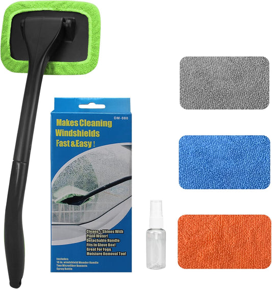 Miunice Car Windshield Cleaning Tool, Windshield Cleaner with 4 Washable and Reusable Microfiber Pads and Extendable Handle, for Auto Glass Wiper