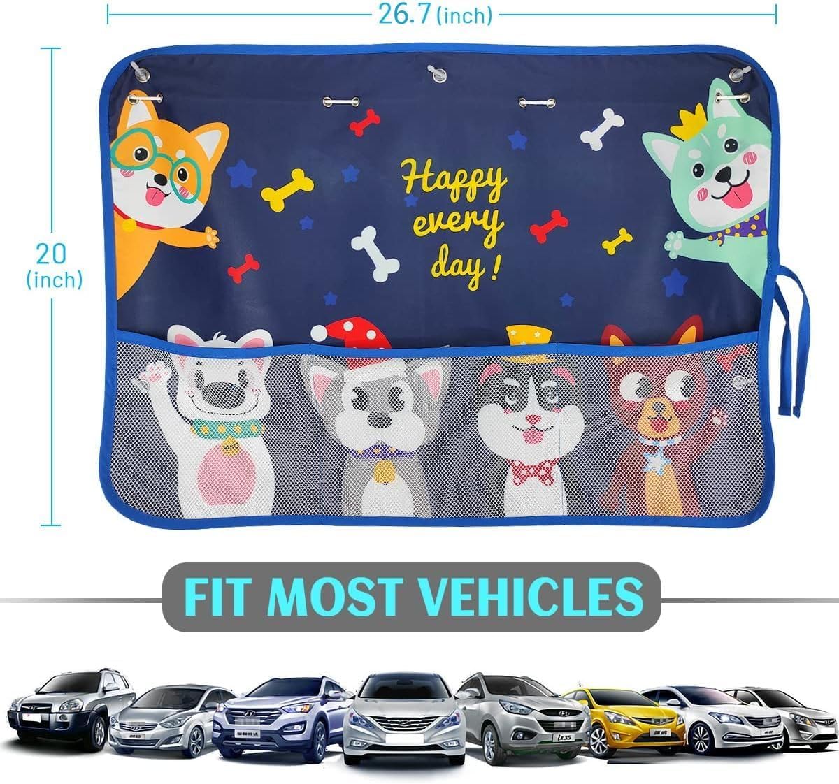 Car Sun Shade Side Window, 2 Pcs Blackout Car Window Shade for Baby Privacy with Storage Net Pockets Auto Curtains 7 Suction Cups for Heat/UV Protection Sun Block Covers