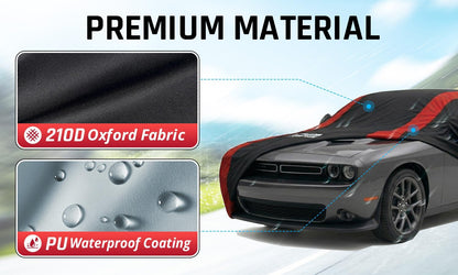 Car Cover Waterproof All Weather Protection with Red Stripe Design, Universal Fit Toyota Camry Solara, Ford Fusion, Kia Stinger Optima, Nissan Maxima, VW Passat, Subaru Legcy