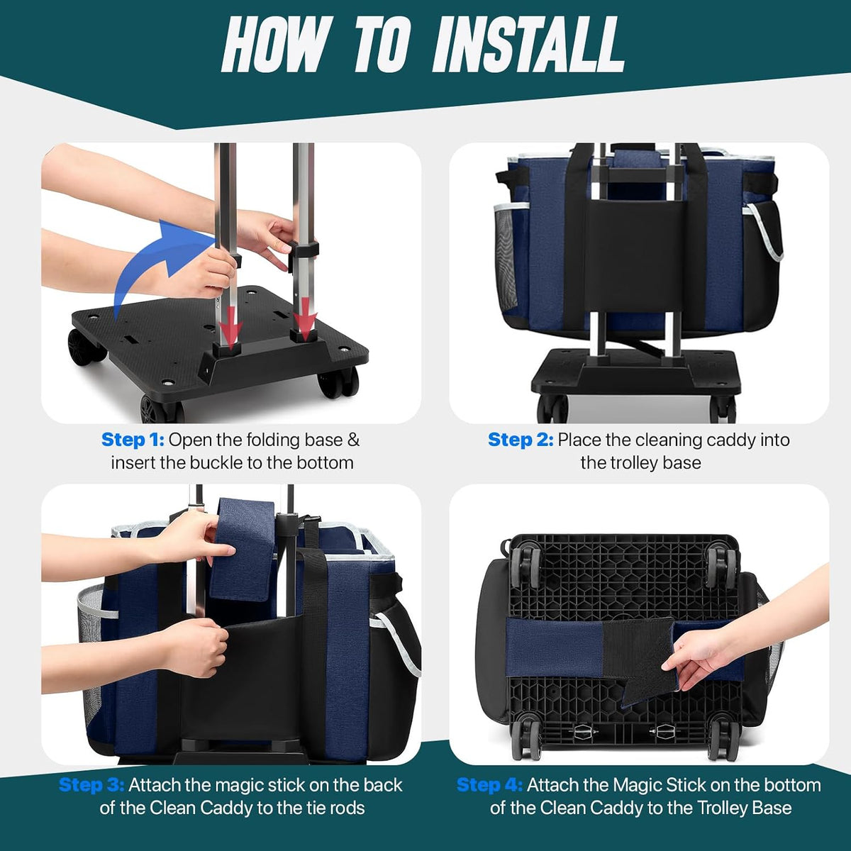 Large Rolling Cleaning Caddy Bag with Detachable Trolley, Full Support Plates for Professional Cleaning Supplies Bag, Organizer Bag with 4 Universal Wheels for Housekeepers, Car Wash