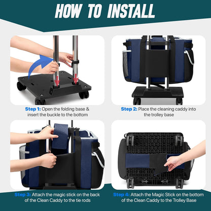 Large Rolling Cleaning Caddy Bag with Detachable Trolley, Full Support Plates for Professional Cleaning Supplies Bag, Organizer Bag with 4 Universal Wheels for Housekeepers, Car Wash