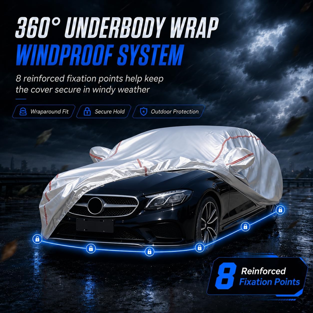 Car Cover for Sedan, Waterproof All Weather Heavy Duty, 360° Underbody Wrap Windproof Design, Quick Install Outdoor Vehicle Cover, Fits 186-193 in
