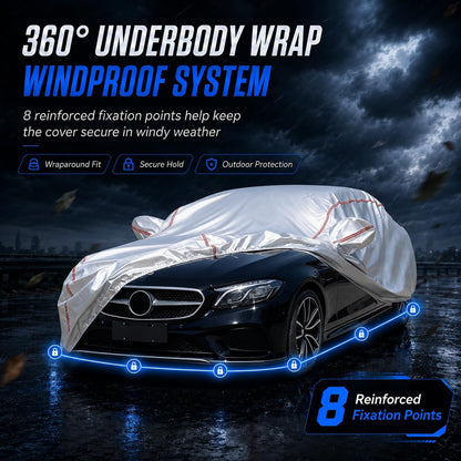 Car Cover for Sedan, Waterproof All Weather Heavy Duty, 360° Underbody Wrap Windproof Design, Quick Install Outdoor Vehicle Cover, Fits 186-193 in
