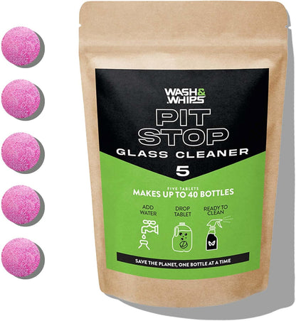 WASH&WHIPS Glass Cleaner Effervescent Tablets w/Empty 16 oz Spray Bottle (Makes 5 Gal/20L/ 40 Bottles)