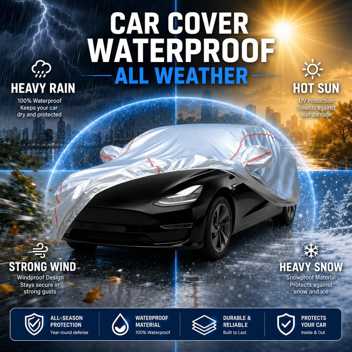 Car Cover for Sedan, Waterproof All Weather Heavy Duty, 360° Underbody Wrap Windproof Design, Quick Install Outdoor Vehicle Cover, Fits 186-193 in