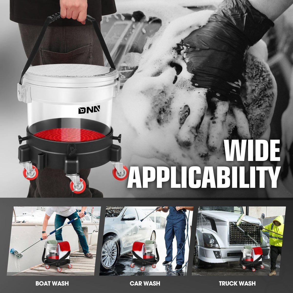 DNA Motoring 5 Gallon Washing System Includes 15.5L Bucket, Filtration System Insert, Five Castor, Bucket Dolly, and Lid for Car Wash and Detailing, Transparent, TOOLS-00603