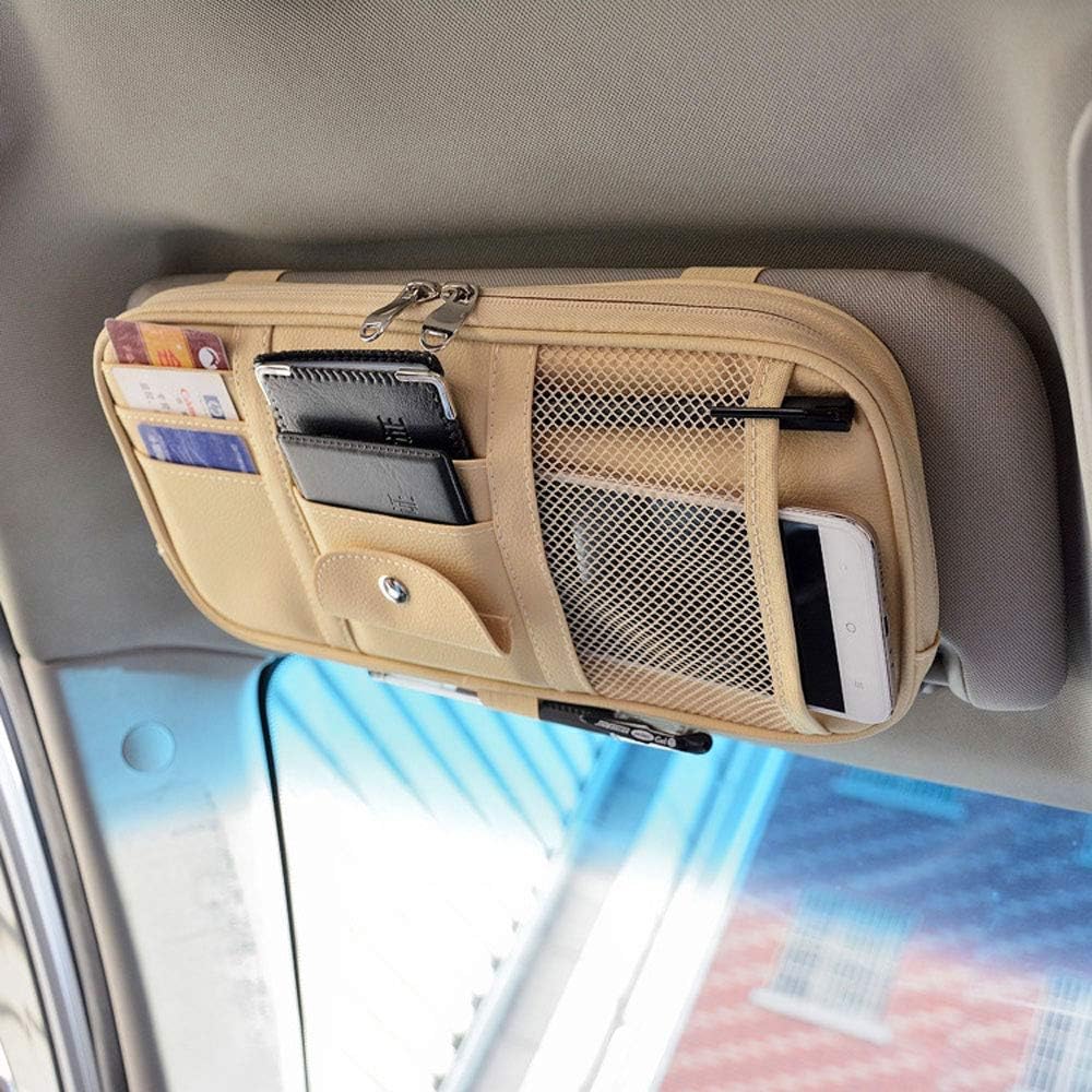 Da by Car Sun Visor Organizer, Multi-Pocket Visor Organizer Storage Pouch for Cars, SUVs & Trucks with Double Zippers, Elastic Bands & Glasses Clip - Organizes Essentials Keep Tidy (Black)
