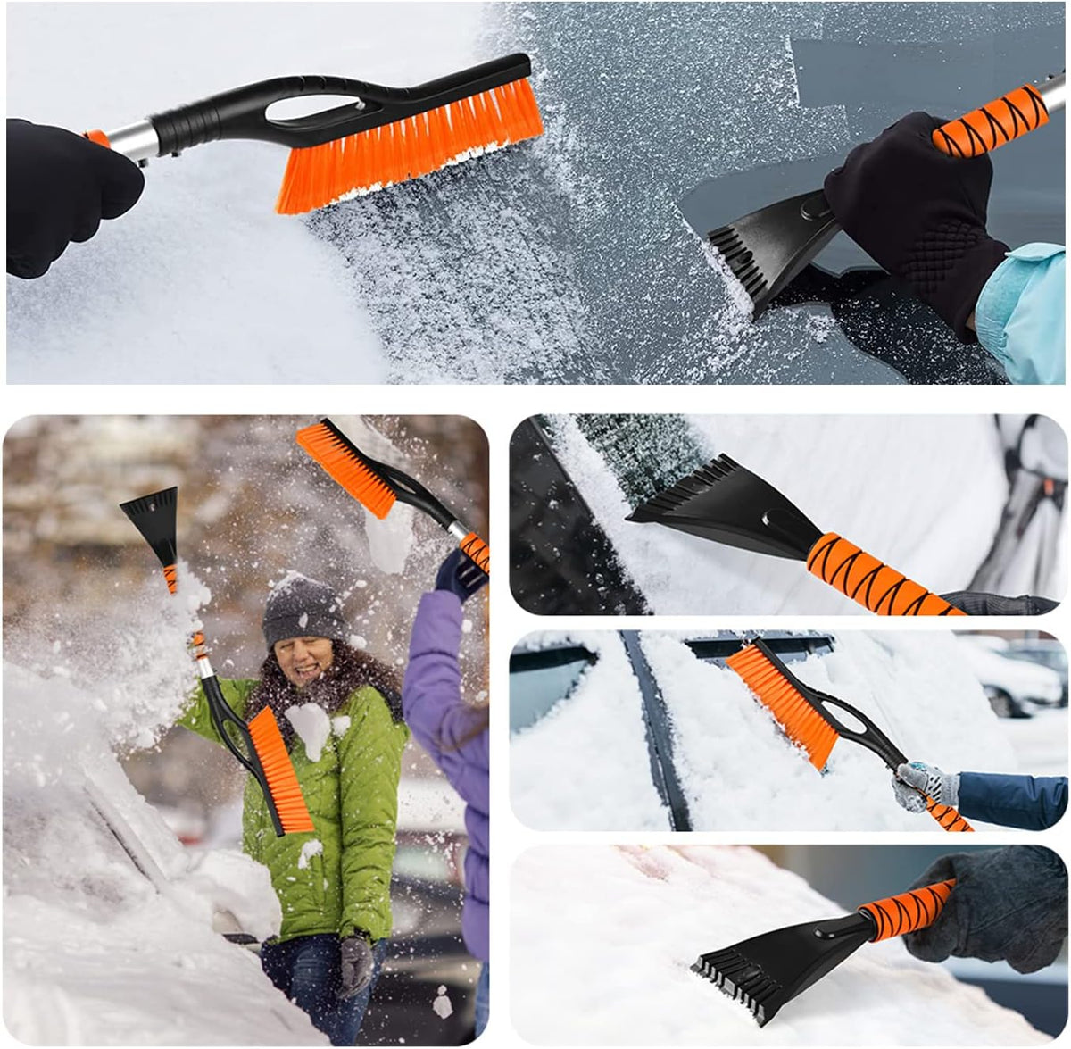 27" Snow Brush and Ice Scrapers for Car Windshield, Trucks, Snow Remover | 2 in 1 Detachable Snow Brush Car Accessories with Ergonomic Foam Handle