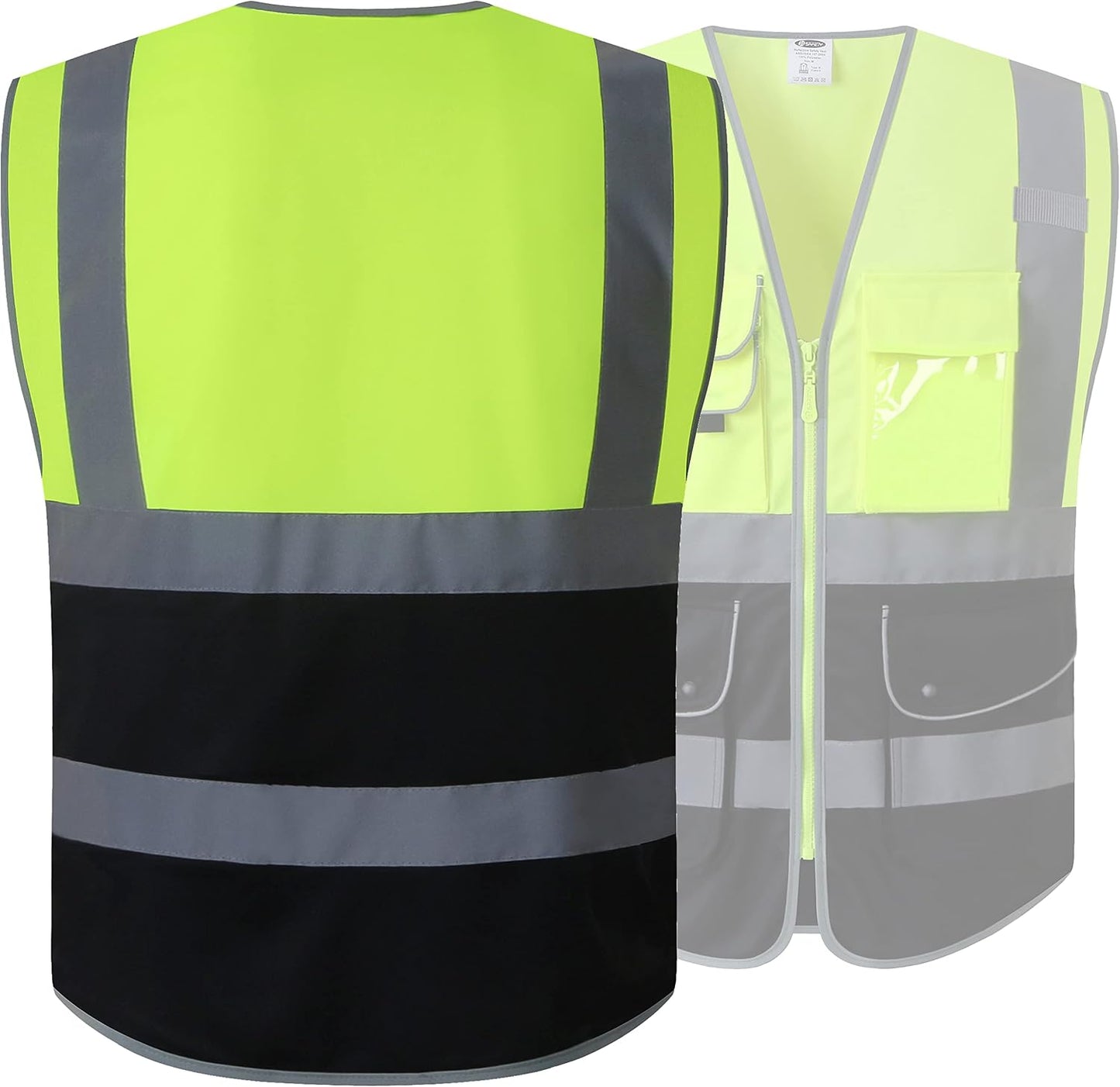 JKSafety 9 Pockets Class 2 High Visibility Zipper Front Safety Vest With Reflective Strips,Meets ANSI/ISEA Standard (Large, 150-Yellow) - Colors A