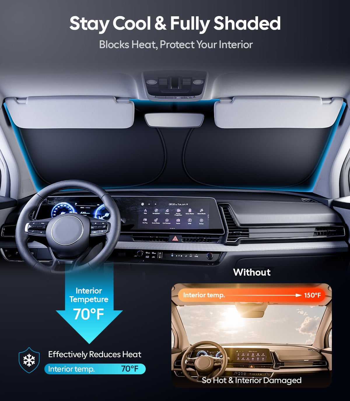 Wigoo Tesla New Model Y Accessories Windshield Sunshade [OEM Design, 100% Sun Blockage] Foldable Heat Insulation Sunshade with Storage Bag, for Model Y 2020~2026 (Juniper), Silver Coating - Colors A