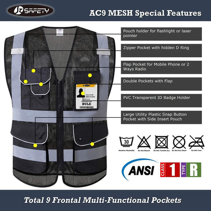 JKSafety 9 Pockets Class 2 High Visibility Zipper Front Safety Vest With Reflective Strips,Meets ANSI/ISEA Standard (Large, 150-Yellow) - Colors B