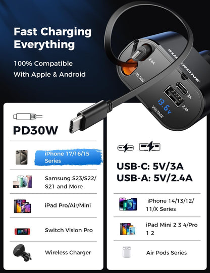 SUPERONE Retractable Car Charger for iPhone with Dual Type C Cables, 4 in 1 USB C Car Charger Adapter with 69W Fast Charging Compatible with iPhone 17 16 15 14 13 12 11 Pro/XS/XR/SE/iPad/Airpods