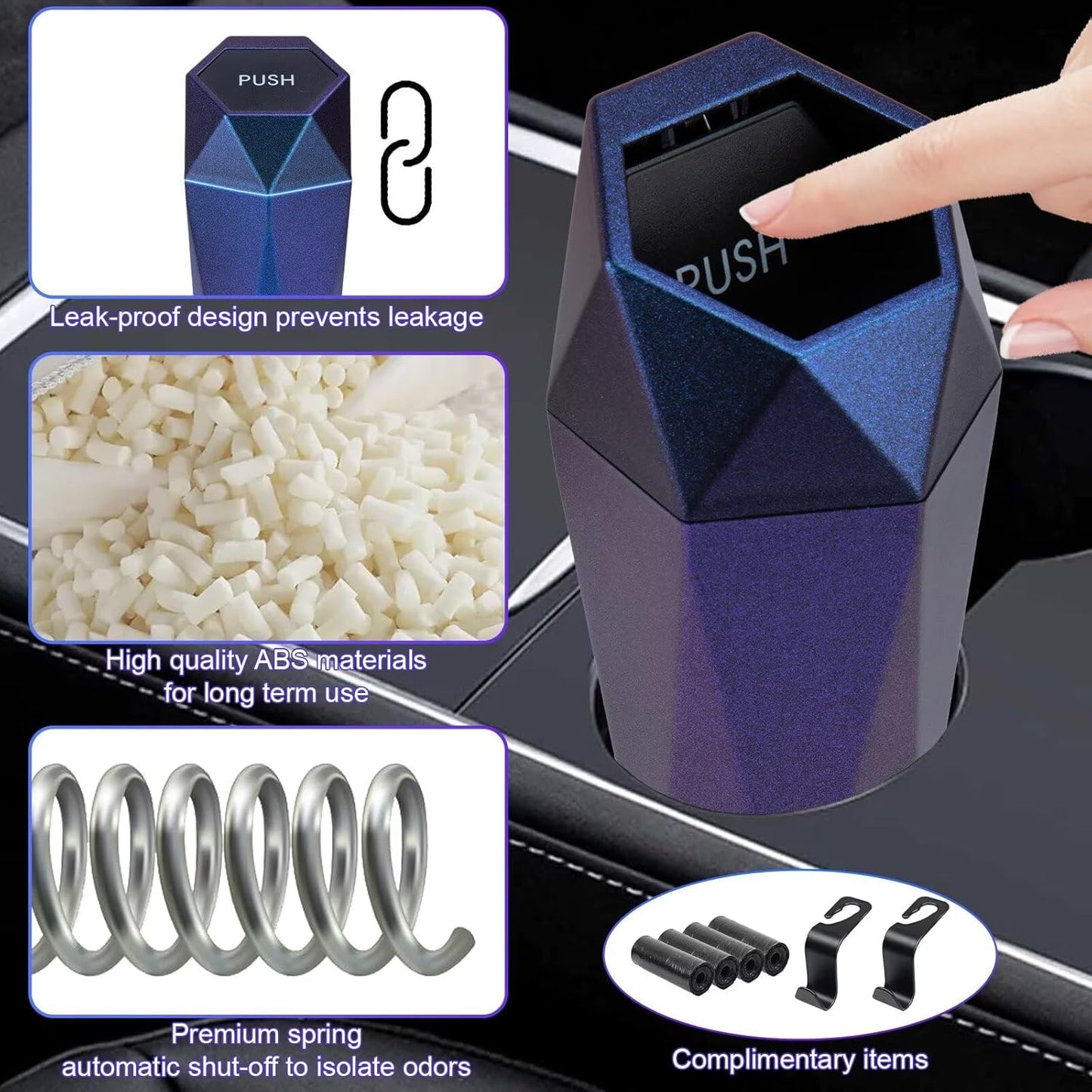 BFXM Car Trash Can, Car Trash Bin with Lid, Car Accessories for Women Interior, Car Garbage Can with Additional 2 ABS Hooks and 60pcs Trash Bags, Suitable for Home, Office, Car Organizer, Black