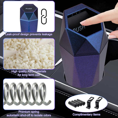 BFXM Car Trash Can, Car Trash Bin with Lid, Car Accessories for Women Interior, Car Garbage Can with Additional 2 ABS Hooks and 60pcs Trash Bags, Suitable for Home, Office, Car Organizer, Black