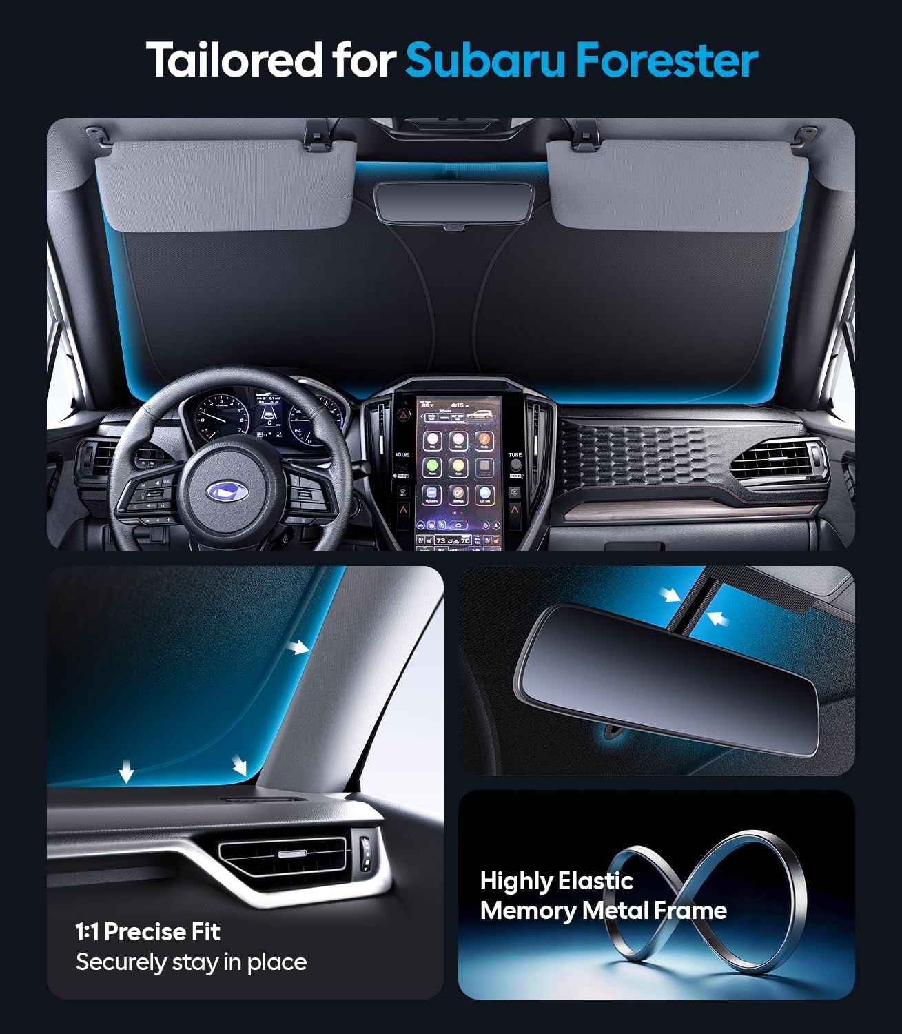 Wigoo Tesla New Model Y Accessories Windshield Sunshade [OEM Design, 100% Sun Blockage] Foldable Heat Insulation Sunshade with Storage Bag, for Model Y 2020~2026 (Juniper), Silver Coating - Colors B