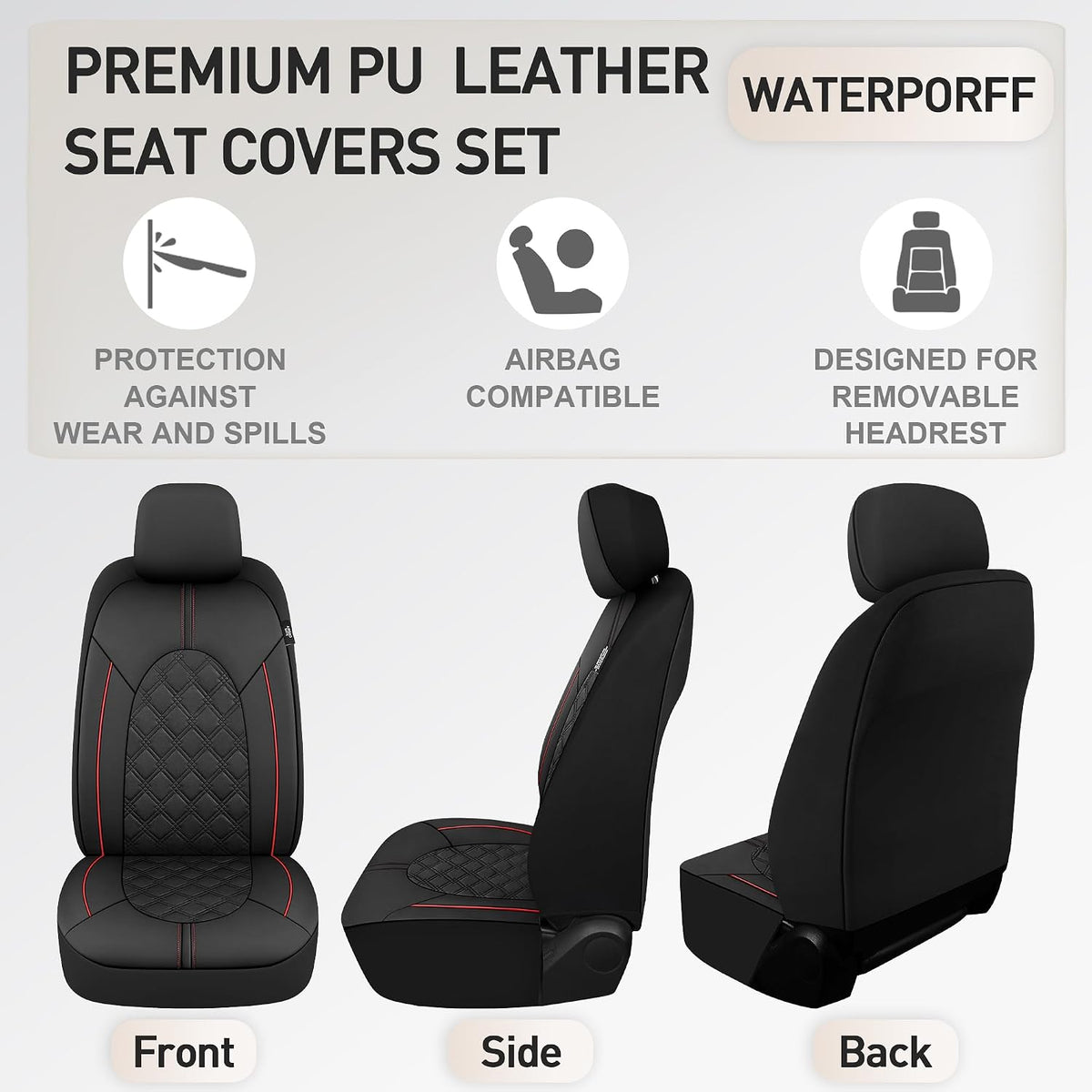 CAROMOP Luxury PU Leather Car Seat Covers Full Set-Waterproof Seat Protectors with Split Bench Seat Covers for Cars-Universal Cars Interior Covers for Sedans, SUVs, Pick-up Trucks(Gray/Gray Line)