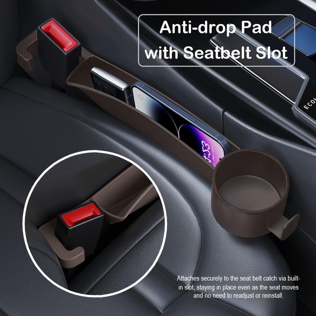 Car Seat Gap Plug with Storage Slot, Auto Gap Filler Organizer with Cup Holder, Universal Carseat Side Gap Filler Strip 2 Pack Between Front Seats & Console, Anti-Drop Pad with Seatbelt Holes, Black