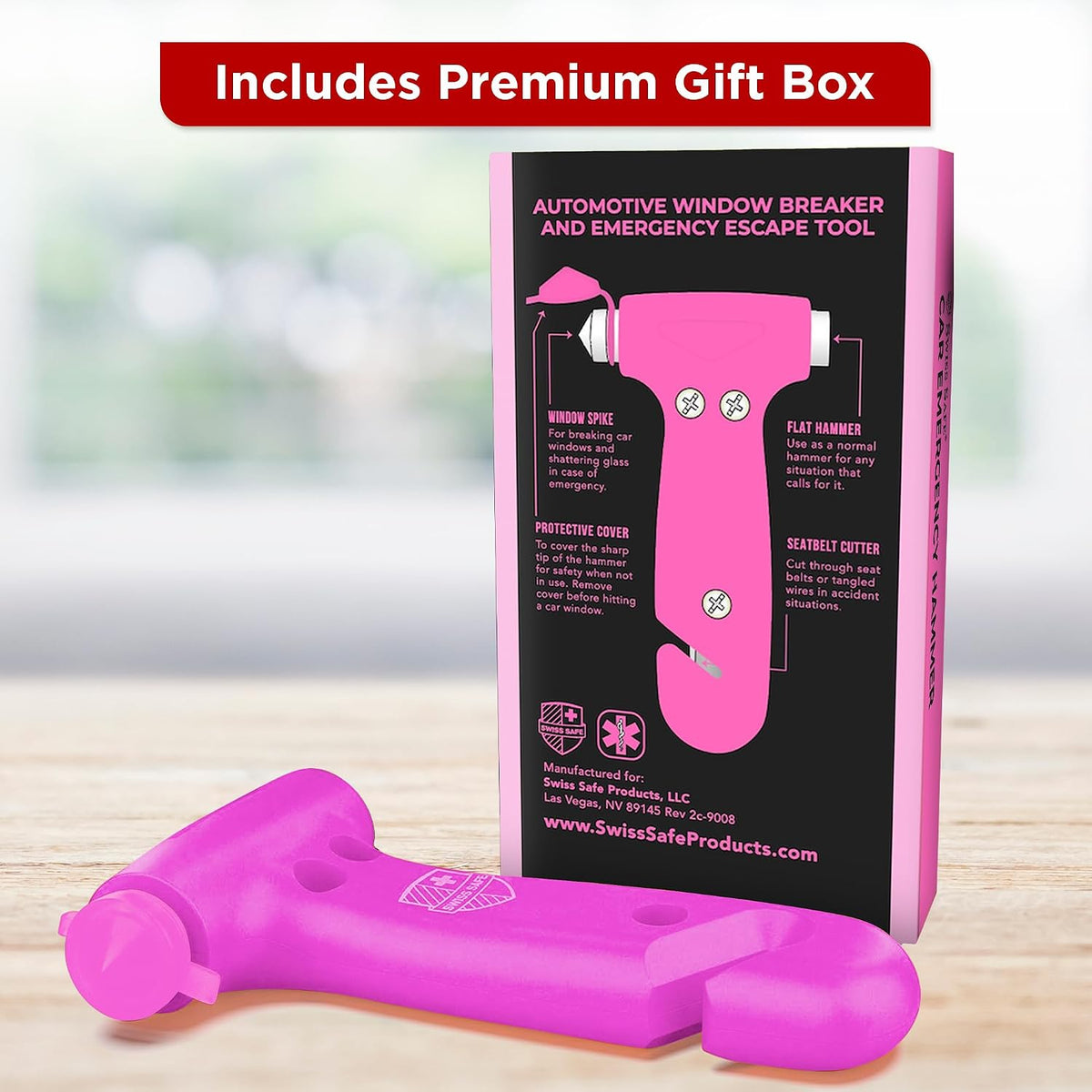 Swiss Safe 5-in-1 Emergency Car Safety Hammer – Car Window Breaker & Seatbelt Cutter, Heavy-Duty Escape Tool for Vehicle Emergencies and Auto Kits – Pink, 1 Pack