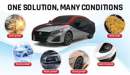 Car Cover Waterproof All Weather Protection with Red Stripe Design, Universal Fit Toyota Camry Solara, Ford Fusion, Kia Stinger Optima, Nissan Maxima, VW Passat, Subaru Legcy