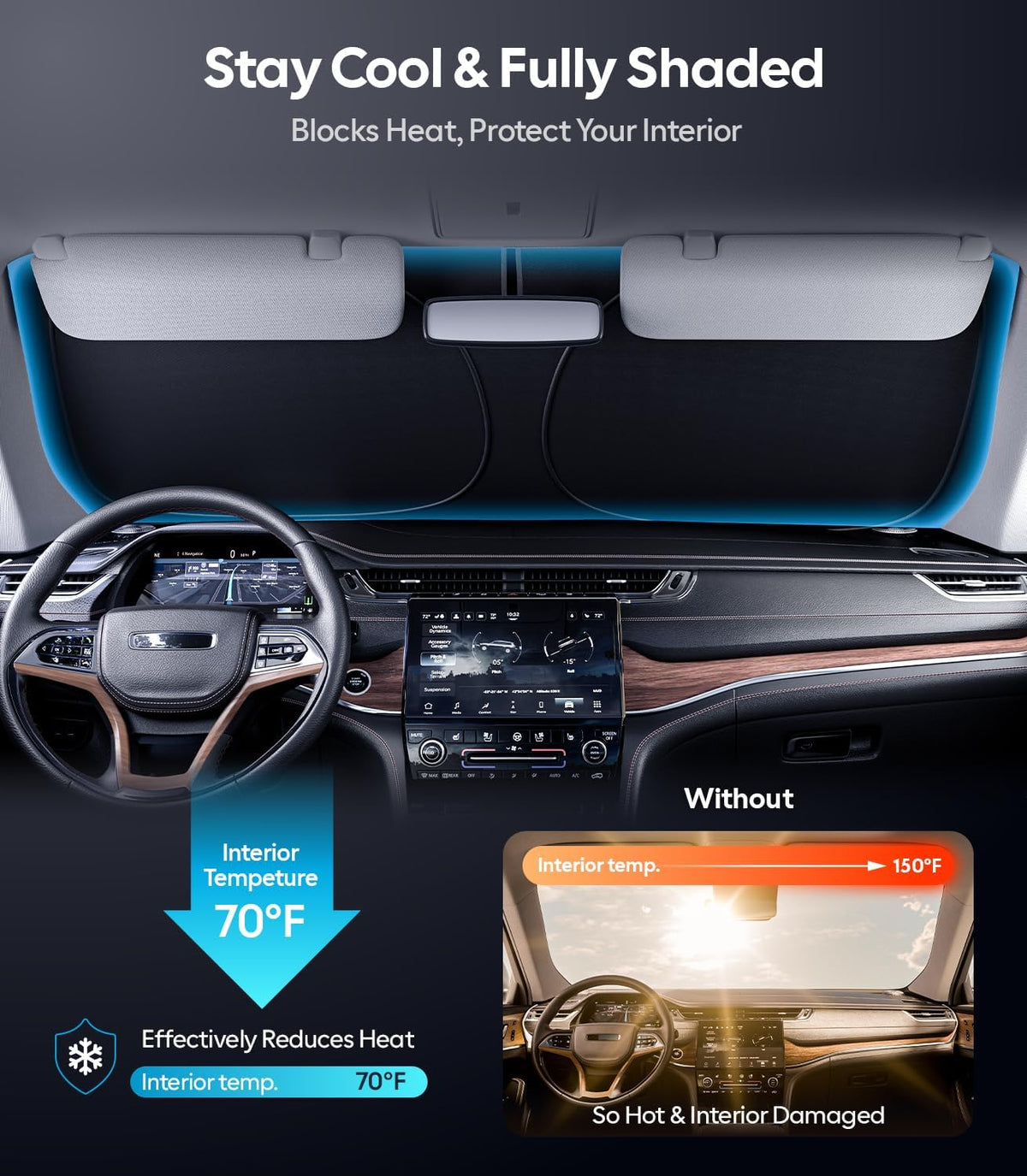 Wigoo Tesla New Model Y Accessories Windshield Sunshade [OEM Design, 100% Sun Blockage] Foldable Heat Insulation Sunshade with Storage Bag, for Model Y 2020~2026 (Juniper), Silver Coating - Colors A
