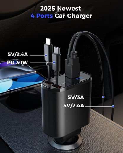SUPERONE Retractable Car Charger for iPhone with Dual Type C Cables, 4 in 1 USB C Car Charger Adapter with 69W Fast Charging Compatible with iPhone 17 16 15 14 13 12 11 Pro/XS/XR/SE/iPad/Airpods