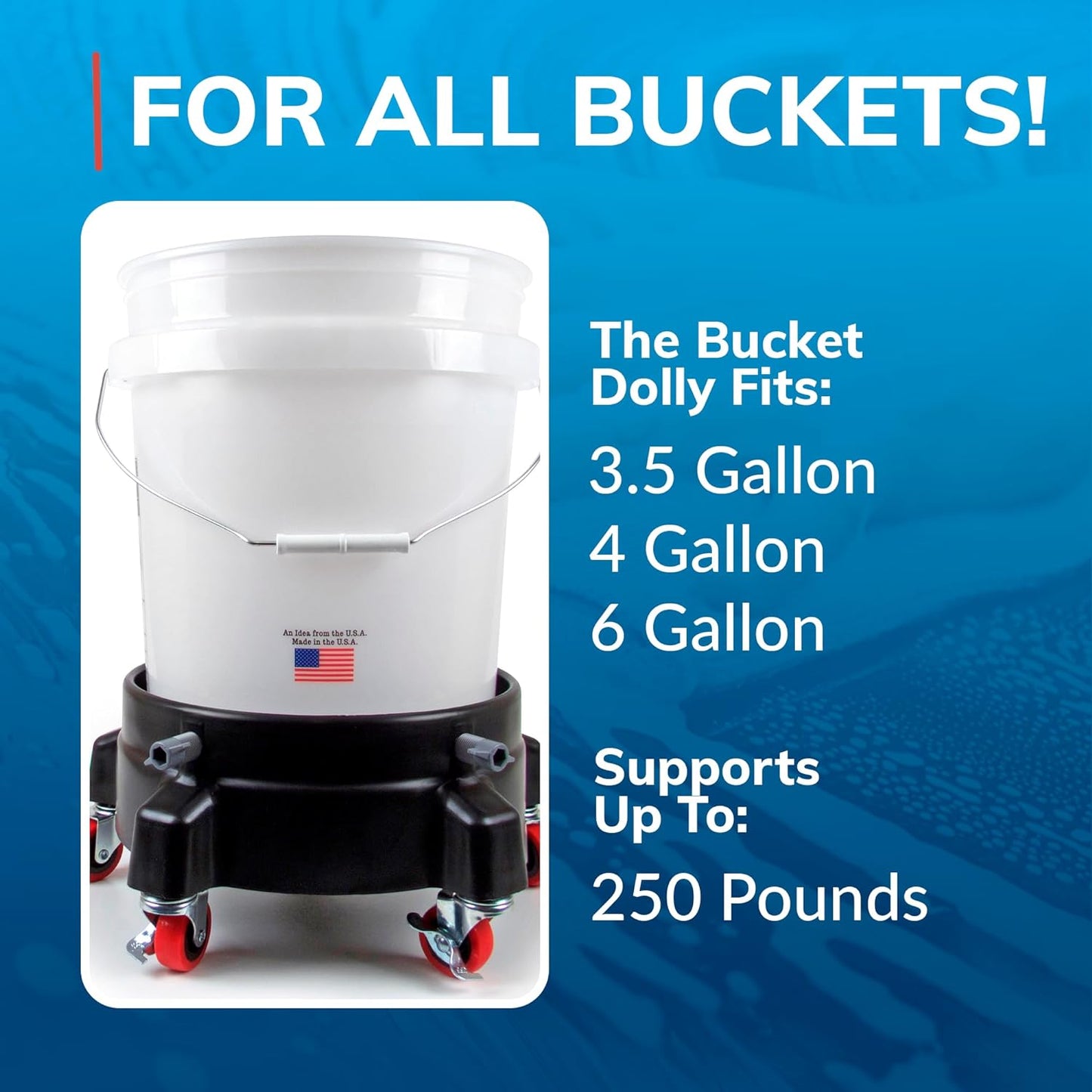 GRIT Guard Bucket Dolly with Wheels - Rolling Detailing Wash Bucket with 5 Wheels and 2 Locking Casters Compatible with 2.5, 4, 5 and 6 Gallon Buckets (Black, 2" Red Casters) - Made in the USA