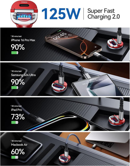 【Upgraded】 125W Car Charger USB C Super Fast Charging, [PD65W & QC60W][All Metal] MRGLAS Cigarette Lighter Car Charger, Car Electrical Accessories for iPhone 17 Pro Max iPad Samsung S26 S25 Pixel 10