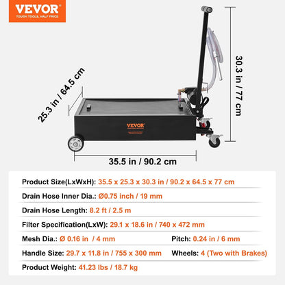 VEVOR Low Profile Oil Drain Pan, 17 Gal Capacity, Rolling Oil Drain Pan with 110V High-Flow Electric Pump, 7.2 ft Hose & T Folding Handle, Leak-proof & Corrosion-resistant, Fit for Trucks, ATVs, Black