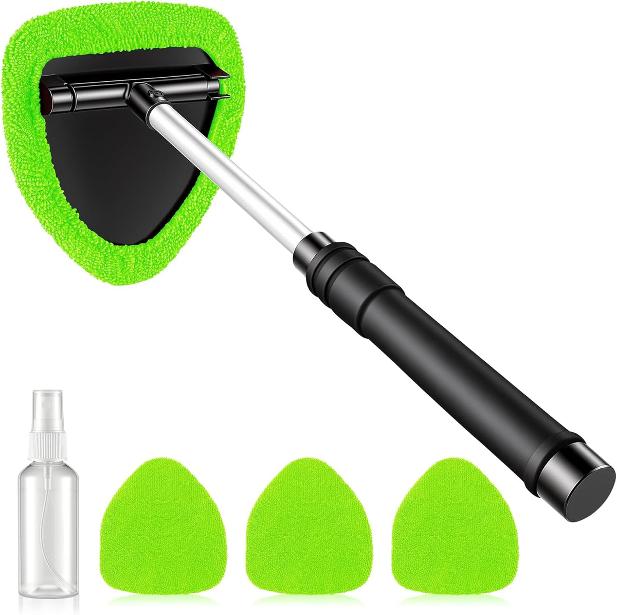 JUSTTOP Windshield Cleaner Tool, Car Interior and Exterior Window Cleaning Kit with Extendable Handle & 4 Reusable Microfiber Pads, Auto Glass Wiper Brush Kit for Car & Home Windows (Green)