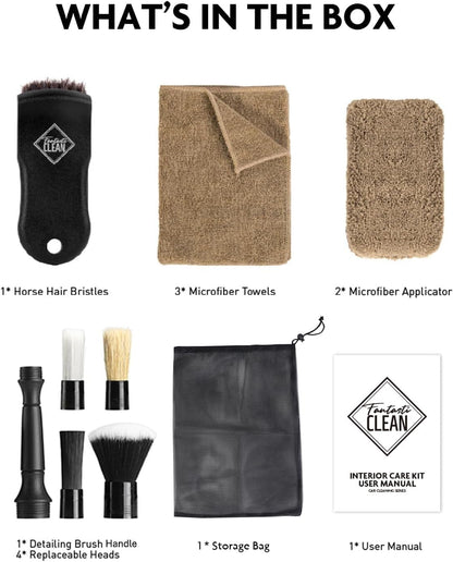 Fantasticlean 9PCS Car Interior Detailing Set, Microfiber Cloth & Applicator, Single-Head Detailing Brushes, Natural Bristles, Scratch-Free & Ultra-Soft for Seats Leather Care or Cleaning