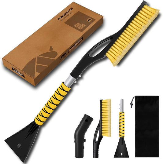 MIKKUPPA 27'' Snow Brush and Ice Scrapers for Car Windshield - Detachable Windshield Scraper, Snow Removal Tool with Curved Connector & Ergonomic Foam Grip for Cars, Trucks, SUVs (Yellow)