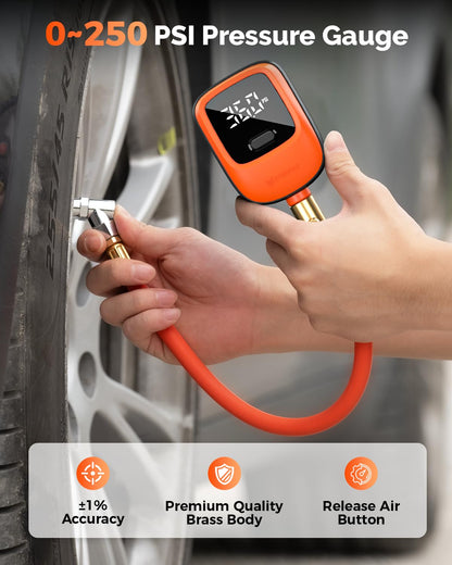 ETENWOLF T600 Digital Tire Pressure Gauge 0-250 PSI, ANSI B40.7 2A Grade High Precision(Plus-Minus 0.5%),Tire Gauge for Tire Pressure with Rubber Hose, Replaceable AA Batteries