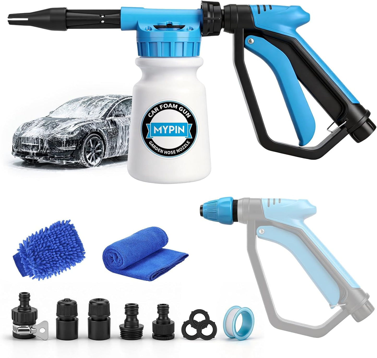 Car Wash Foam Gun/Hose Sprayer, 16 IN 1 Cannon, Adjustable with 2.5-6 Ratio Dial Foam Blaster, 1L Bottle, Nozzles, Mitten, 1/2” Quick Connector for Garden Hose, for Car/Garden Cleaning