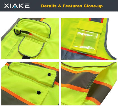 XIAKE 9 Pockets Class 2 High Visibility Reflective Safety Vest for Men Women,Meets ANSI/ISEA Standard