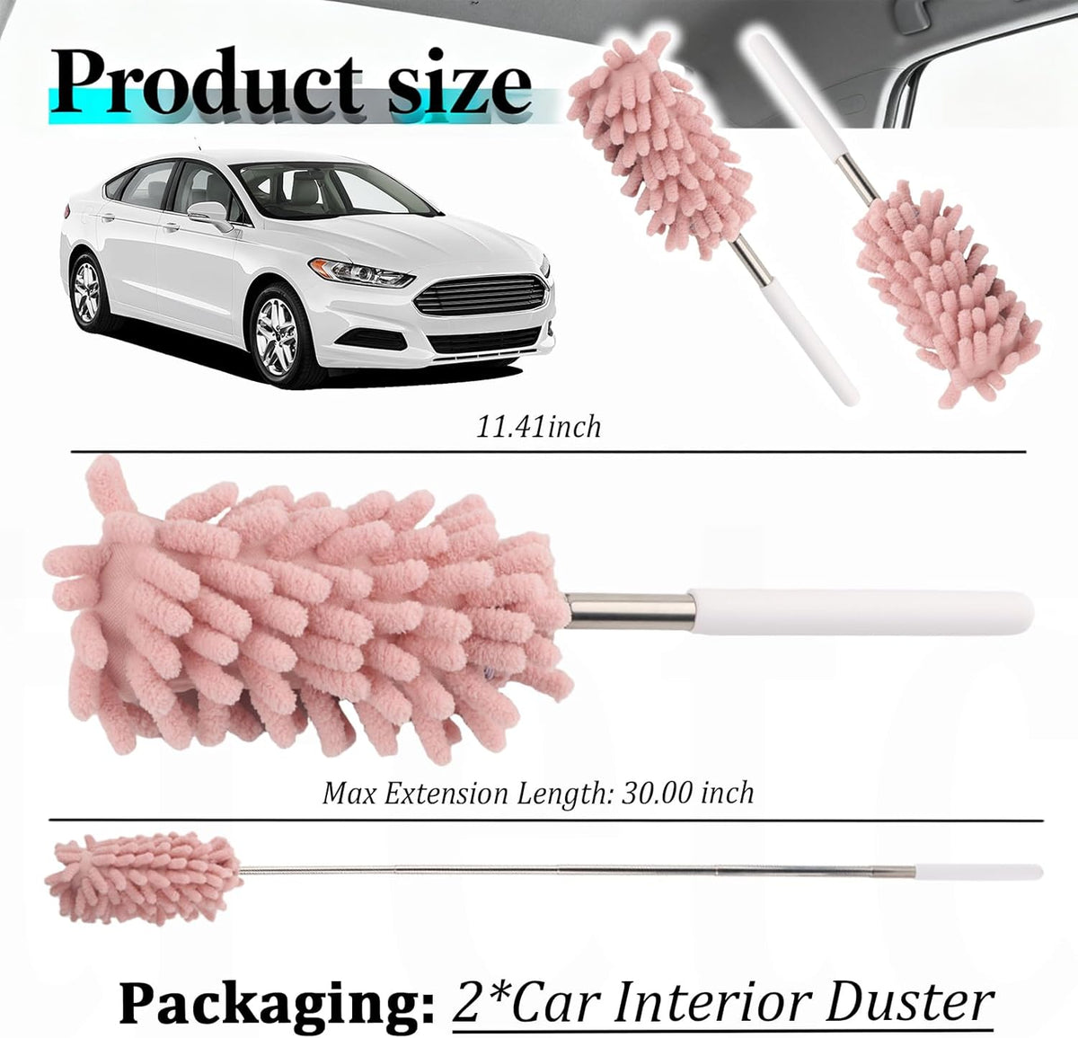 2PCS Car Duster Interior with Bendable Head & Retractable Extension Pole,Pink Microfiber Duster for Car Interior Detailing Cleaning,Universal Cars Interiors Dusters Cars Tools