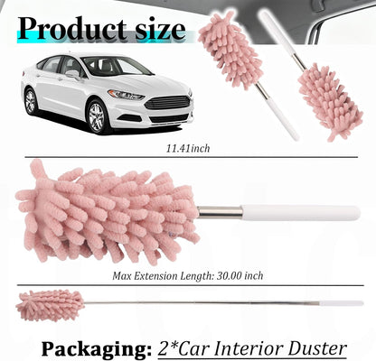 2PCS Car Duster Interior with Bendable Head & Retractable Extension Pole,Pink Microfiber Duster for Car Interior Detailing Cleaning,Universal Cars Interiors Dusters Cars Tools