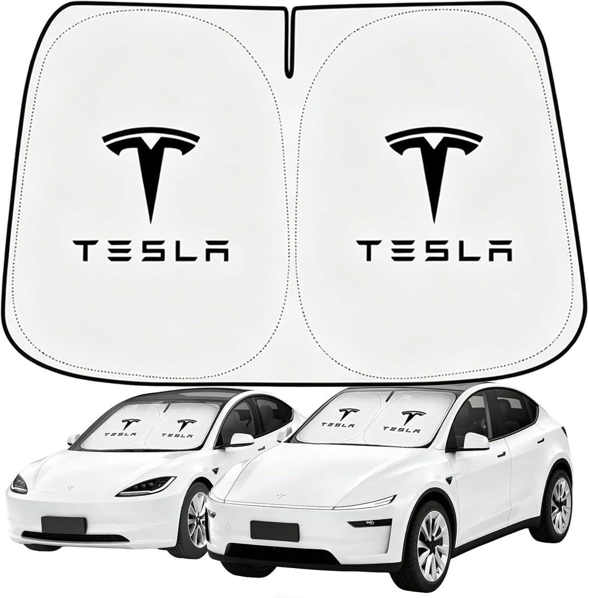 Windshield Sunshade for Tesla Model 3 & Model Y, Digital Printed Double-Sided Fabric Sun Visor, Silver Outside Black Inside UV Block Sunshade Compatible with 2017-2026 Model 3 2021-2026 Model Y