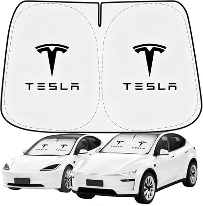 Windshield Sunshade for Tesla Model 3 & Model Y, Digital Printed Double-Sided Fabric Sun Visor, Silver Outside Black Inside UV Block Sunshade Compatible with 2017-2026 Model 3 2021-2026 Model Y