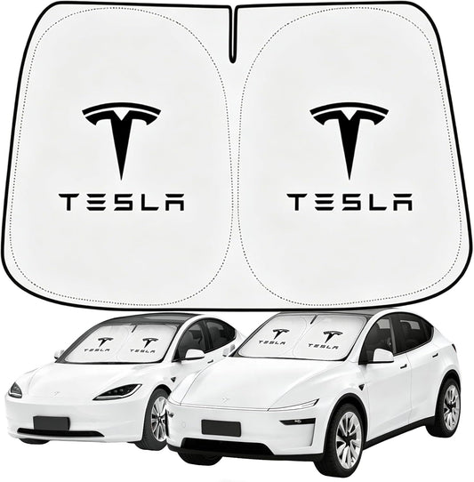 Windshield Sunshade for Tesla Model 3 & Model Y, Digital Printed Double-Sided Fabric Sun Visor, Silver Outside Black Inside UV Block Sunshade Compatible with 2017-2026 Model 3 2021-2026 Model Y